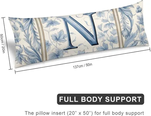 Vista 2 de Funda de almohada con monograma rústico de color azul suave con inicial N Body de 20 x 54 pulgadas, funda de almohada floral personalizada