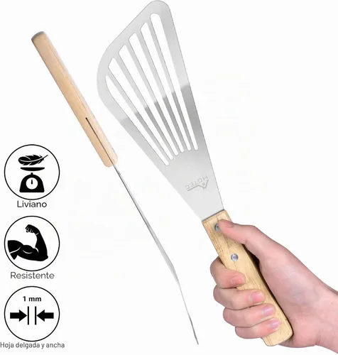 Vista 4 de HOTEC 2 piezas Espátula de pescado de acero inoxidable con mango de madera, espátula de metal para voltear alimentos