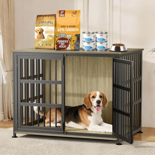 Vista 11 de Jaula para perros de 26 pulgadas, jaulas para perros de razas grandes, jaulas para perros interiores de madera, mesa auxiliar, jaula combinada