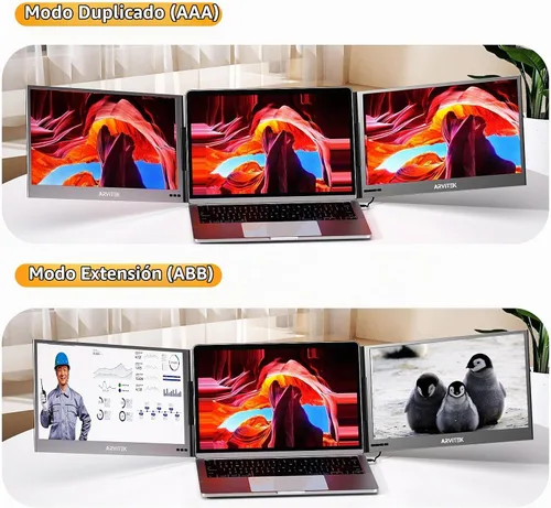 Vista 2 de Monitor triple de 15.6 pulgadas para laptop, extensor de pantalla portátil USB-C 1080P con soporte ajustable para laptop de 11 a 16 pulgadas
