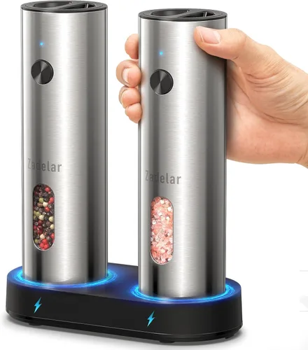 Vista 10 de Juego de molinillo de sal y pimienta eléctrico recargable, molinillo de pimienta automático con base de carga USB C, capacidad grande mejorada