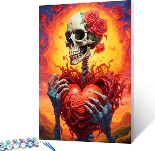 Vista 11 de Tucocoo Pintura de calavera de corazón por números para adultos, diseño de flores trippy, pintura por número para adultos principiantes, pintura