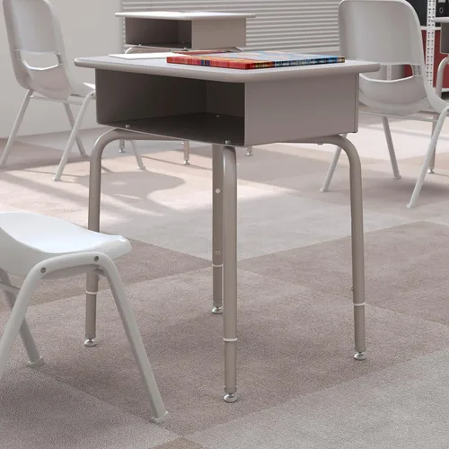 Vista 2 de Flash Furniture Billie - Escritorio para estudiantes – Escritorio escolar de granito gris – Marco de metal plateado – 24 pulgadas de ancho x 18