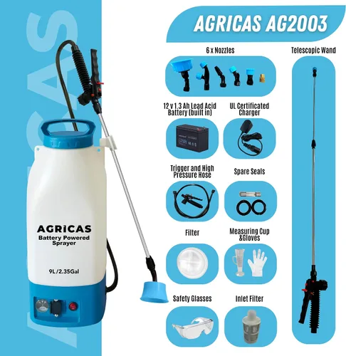 Vista 3 de Pulverizador de mochila a batería de 2.35 galones, pulverizador multifuncional para césped y jardín con boquillas ajustables, varita telescópica