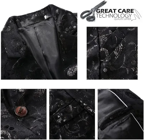Vista 5 de SWOTGdoby Traje formal Tuexdo dorado Jacquard Slim Fit 2 piezas traje conjunto chaqueta pantalones para boda fiesta de graduación
