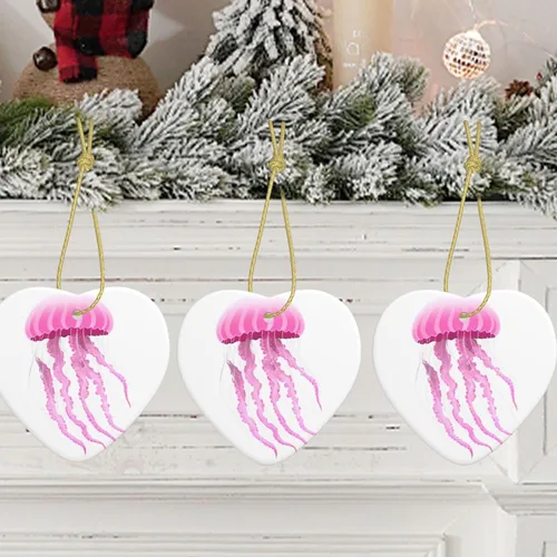 Vista 7 de Christmas Ceramic Love-Shaped Ornaments MSRHIUEF Pink Jellyfish Pattern Christmas Tree Accessories for Shopping malls Windows