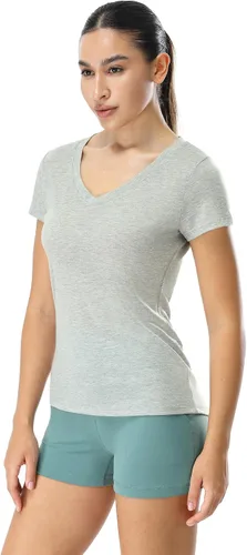 Vista 2 de icyzone Camisetas de entrenamiento para mujer - Camisetas de yoga para gimnasio, correr, fitness, cuello en V