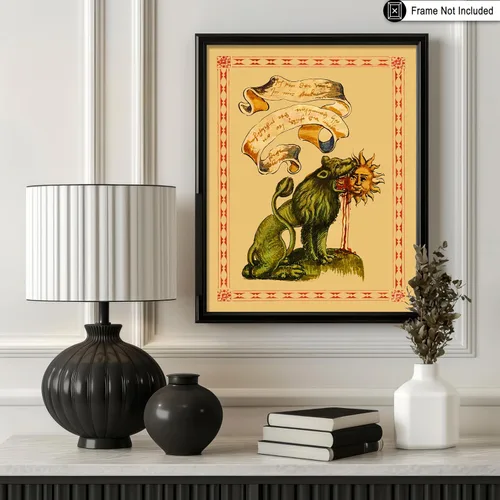 Vista 3 de Poster Master Póster vintage, estampado retro de león verde devorando el sol, arte hermético, arte de mitología, regalo para hombres y mujeres