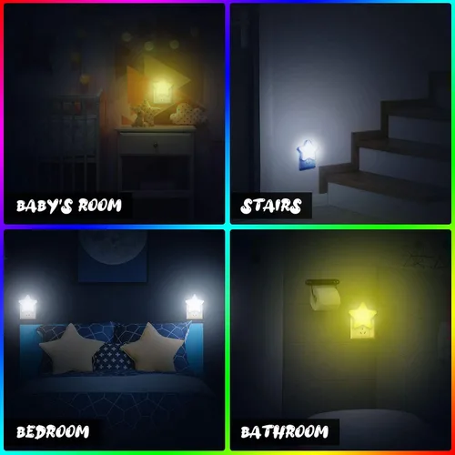 Vista 6 de Mudder 4 piezas de luz nocturna de estrella enchufable a la pared, luz nocturna LED suave, linda lámpara de pared para cuarto de bebé, sensor