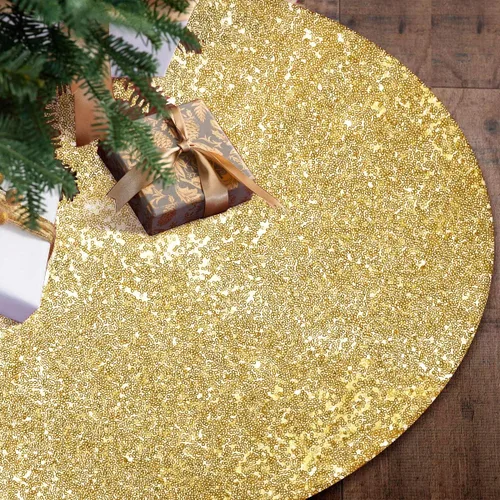Vista 4 de Falda de lentejuelas para árbol de Navidad, 48 pulgadas, doble capa, para bodas y fiestas Dorado