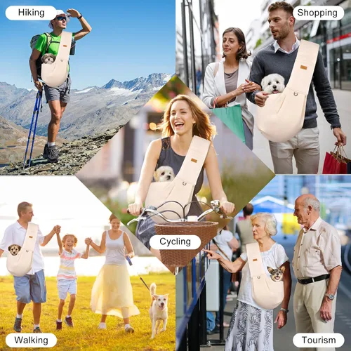 Vista 7 de Transportador para perros manos libres, correa ajustable, de algodón suave, con bolsillo para viajes al aire libre (beige)