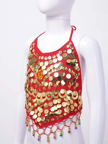 Vista 4 de Disfraz de baile del vientre para niñas, con lentejuelas, con borla, halter, vendaje, para escenario