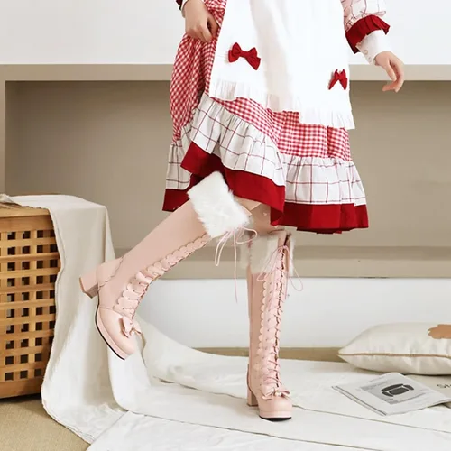 Vista 6 de Botas altas hasta la rodilla con plataforma para mujer, con lazo de invierno, con cremallera, botines largos Kawaii