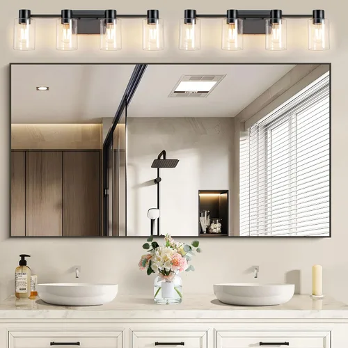 Vista 9 de Lámparas de tocador modernas de 4 luces sobre el espejo, lámparas de baño negro mate, luces de tocador, aplique de pared con pantalla de vidrio