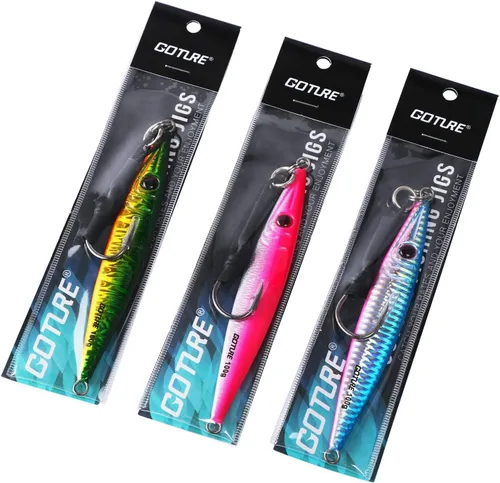Vista 6 de Goture Fishing Jigs Saltwater 60g-200g with Assist Hook, Glow Vertical Jigs, Speed Fast Lead Jig Sea Fishing Jigging Spoon Lures for Tuna, Salmon