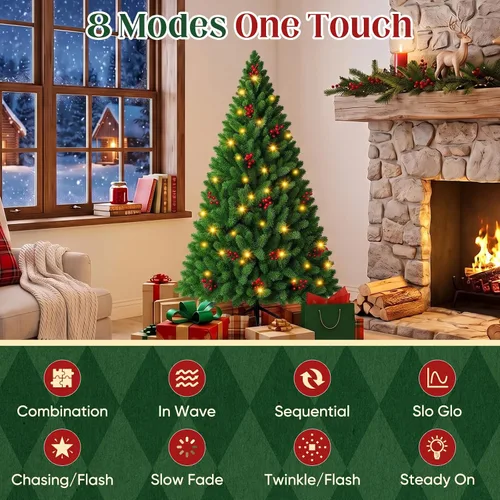 Vista 6 de NEWBULIG Árbol de Navidad preiluminado de 4.5 pies con bayas rojas Verde