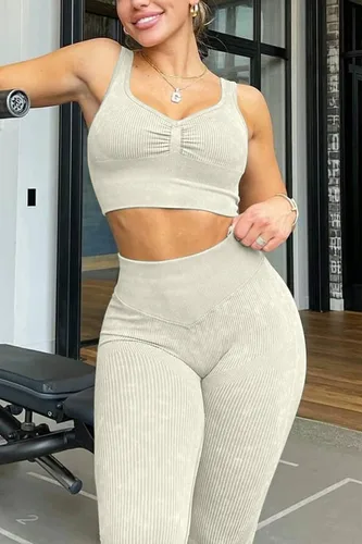 Vista 4 de Mulisky Conjuntos de entrenamiento de 2 piezas para mujer, acanalados, sin costuras, cintura alta, leggings para correr, gimnasio, yoga