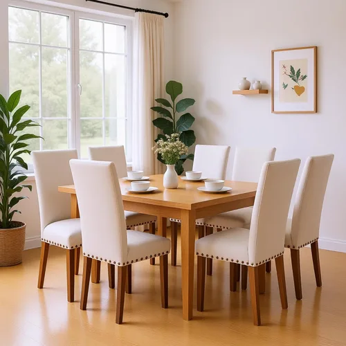 Vista 7 de Juego de 6 sillas de comedor tapizadas color beige - Sillas de cocina estilo granja con respaldo alto, patas de madera de caucho maciza, asiento