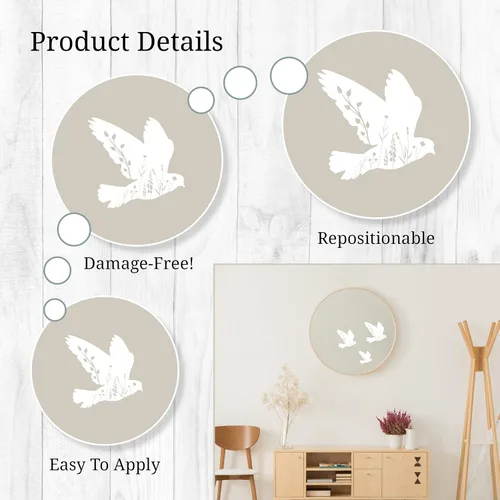 Vista 3 de Calcomanías de espejo de pájaro floral blanco – Calcomanías de vinilo elegantes y versátiles para espejos, paredes, puertas, ventanas, fáciles