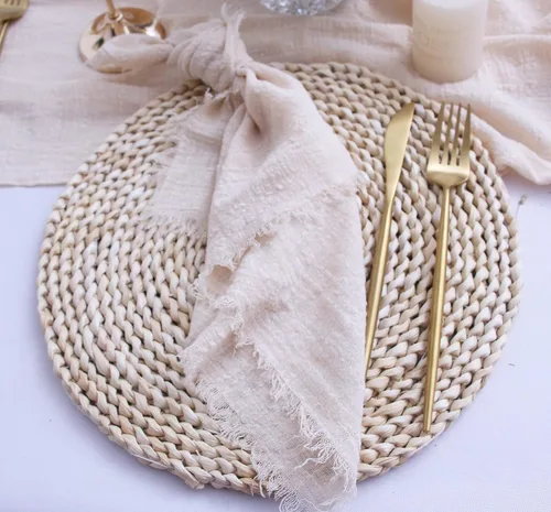 Vista 5 de Servilletas de tela con juego de 6 servilletas de gasa con flecos, 100% algodón natural suave, servilletas lavables, ideales para bodas