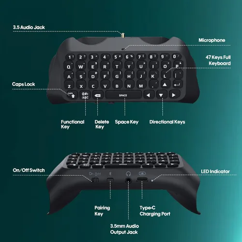 Vista 3 de TiMOVO Green Backlight Keyboard for PS5 Controller, Wireless Bluetooth Keypad Chatpad for Playstation 5 Controller, Mini Game Keyboard Built-in