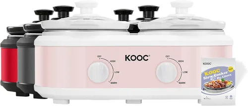 Vista 10 de KOOC Olla de cocción lenta doble pequeña, servidor de buffet y calentador, 2 ollas mini con 3 temperaturas ajustables individuales, ollas cerámicas