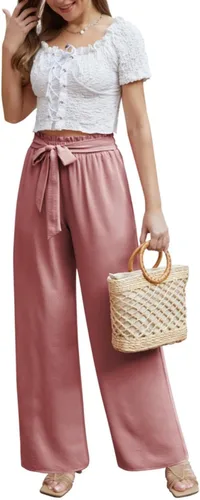 Vista 5 de Pantalones casuales de pierna ancha para mujer, cintura alta, cinturón atado, negocios, trabajo, pantalones casuales, holgados, holgados