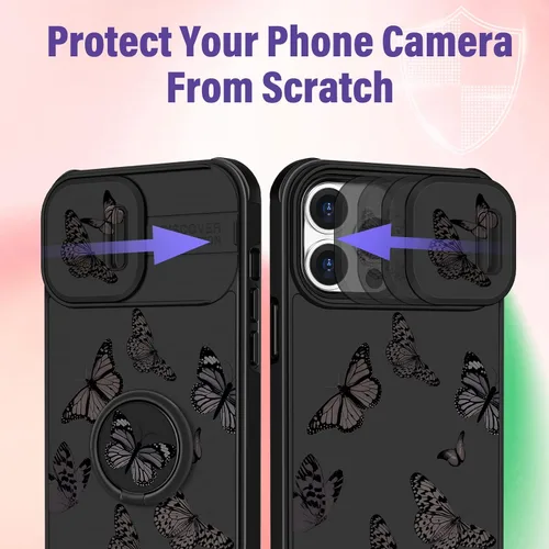 Vista 4 de Funermei Funda 2 en 1 para iPhone 15 Pro con diseño de mariposa para mujeres y niñas, bonita funda kawaii para adolescentes, diseño estético negro