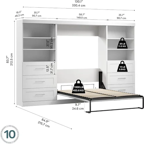 Vista 3 de Bestar Pur - Cama Murphy completa y 2 estanterías con cajones, cama de pared que ahorra espacio de 131 pulgadas
