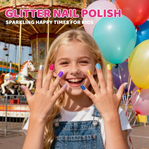 Vista 2 de Juego de esmaltes de uñas con purpurina para niños, 10 colores brillantes, no tóxicos, a base de agua, de secado rápido, para fiestas de niños