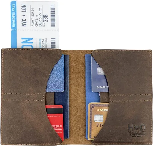 Vista 4 de Hide & Drink, Organizador de pasaporte doble de cuero hecho a mano de cuero de grano completo, Bourbon Marrón, Cartera de viaje