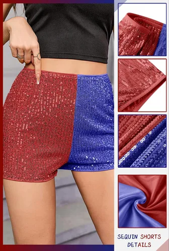Vista 3 de Pantalones cortos de lentejuelas para mujer, de cintura alta, elásticos, pierna recta, brillantes, para fiesta, concierto, con purpurina
