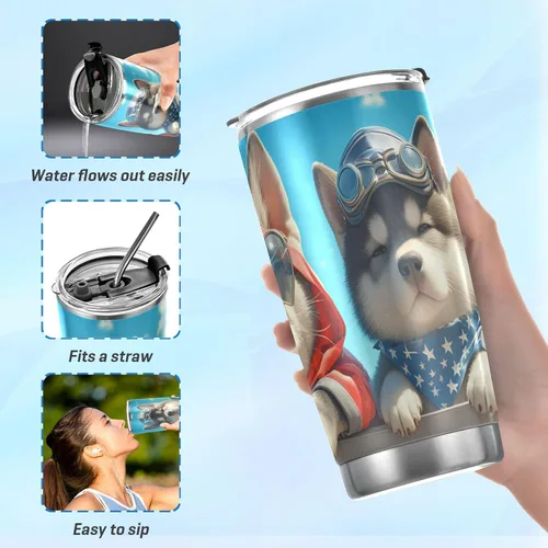 Vista 6 de Tazas de acero inoxidable con diseño de perros lindos de dibujos animados para hombres con tapa y pajita, taza de viaje de café de 20 onzas