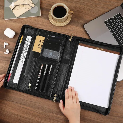 Vista 6 de Cartera de cuero genuino, organizador de padfolio de 11 x 14 pulgadas con cremallera, cartera profesional de negocios para hombres y mujeres