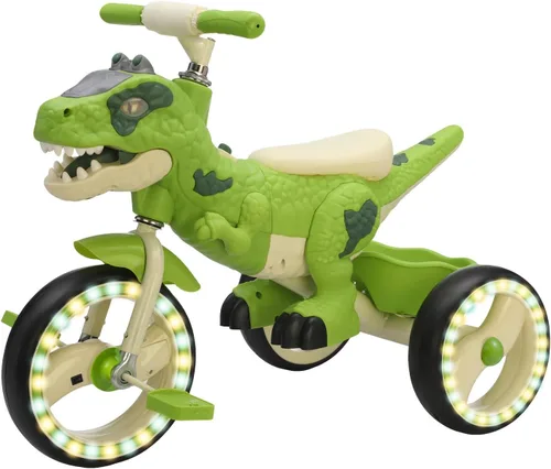 Vista 9 de Triciclo de dinosaurio para niños, triciclo para niños pequeños, rueda grande con música, cesta de almacenamiento, bicicleta para niños preescolares