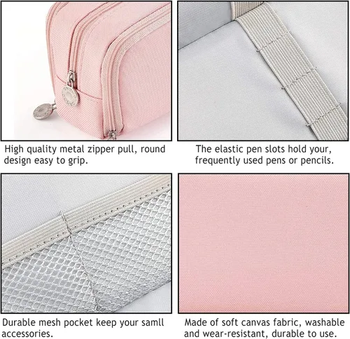 Vista 4 de Estuche para bolígrafos de gran capacidad con 3 compartimentos, bolsa de cosméticos de lona para mujeres y adultos, organizador de estudio y oficina