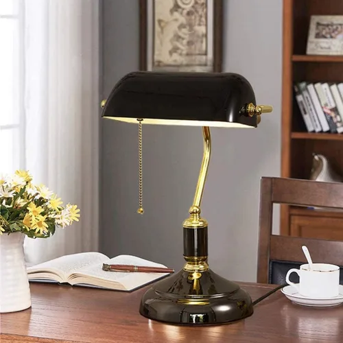Vista 2 de Lámpara de mesa retro, lámpara tradicional de banqueros con interruptor de extracción, lámpara de escritorio vintage, lámpara de biblioteca antigua
