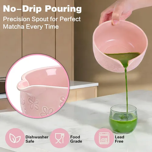 Vista 3 de Juego de batidor de matcha, kit de fabricación de matcha de cerámica rosa con batidor tradicional de bambú, cuenco matcha, cuchara, tamiz y soporte