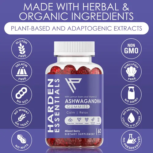 Vista 2 de KSM-66 Ashwagandha Gummies 750mg por gomita – 1,500 mg por porción – Apoyo al estrés y cortisol – con bálsamo de limón y vitamina D – 60