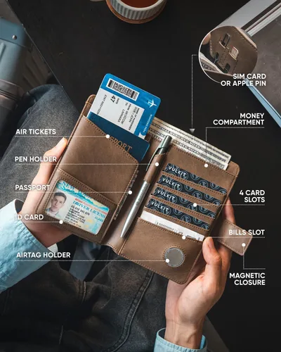 Vista 6 de VULKIT Cartera de pasaporte compatible con Airtag Holder Bifold Travel Card Holder, Espresso, Moda