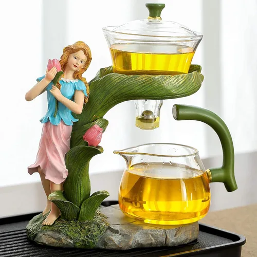 Vista 14 de Zurucily Juego de tetera de cristal Kungfu con infusor Juego de té semiautomático (naranja pájaro)