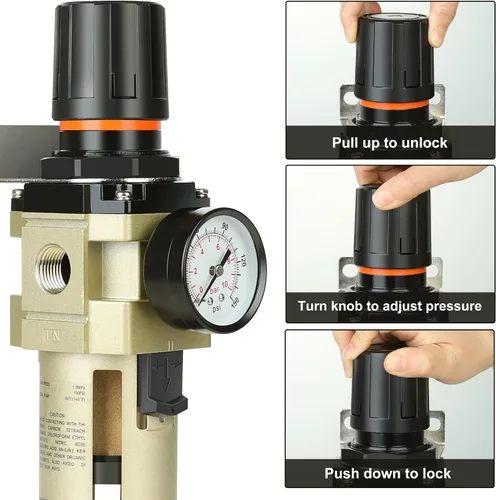 Vista 8 de Hromee Combo de regulador de filtro comprimido de 1/2 pulgada, compresor de aire, separador de trampa de aceite de agua con manómetro, drenaje