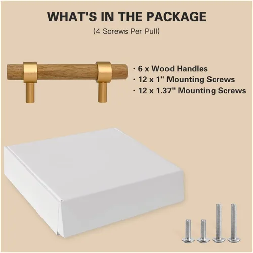 Vista 2 de Paquete de 6 tiradores de madera para cajones, manijas de madera de haya, 3-3/4 pulgadas, accesorios de madera para armarios, aparadores