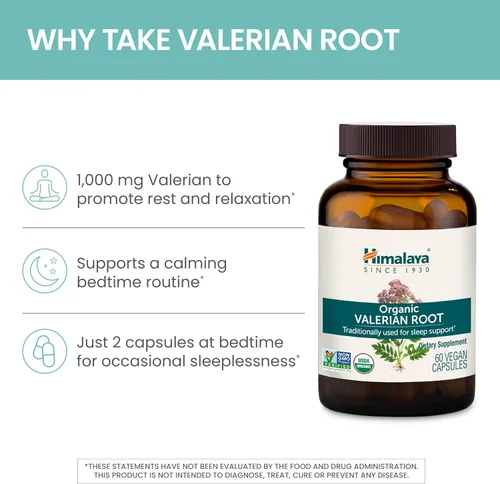 Vista 4 de Himalaya Raíz de valeriana orgánica, apoyo a base de hierbas para la relajación tranquila, USDA orgánico, sin OMG, vegano, sin gluten, 1,000 mg, 60