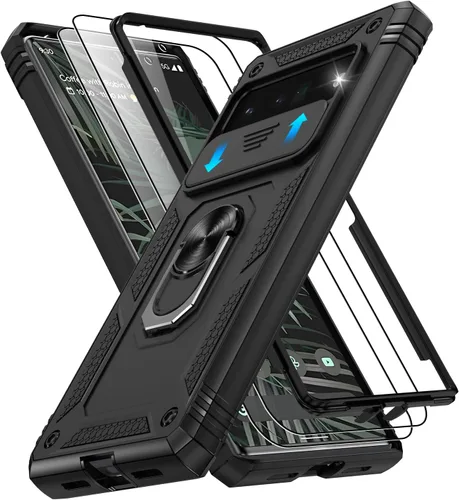 Vista 137 de Gritup Funda para Google Pixel 6 con cubierta deslizante para cámara y protector de pantalla (2 unidades), soporte de anillo giratorio 360°, funda