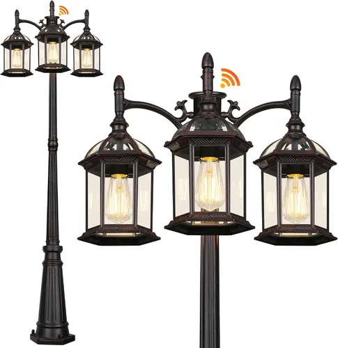 Vista 8 de Lámpara de poste de luz para exteriores del atardecer al amanecer con 3 bombillas LED, poste de luz de calle de aluminio de triple cabezal