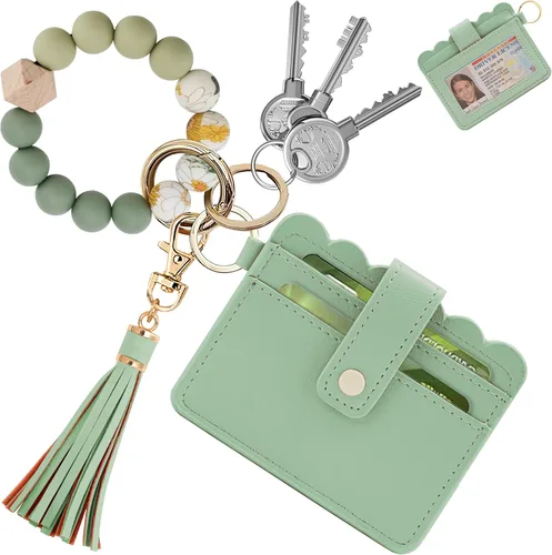 Vista 9 de Cartera de pulsera para mujer con llavero – Tarjetero RFID pequeña cartera con llavero Beige