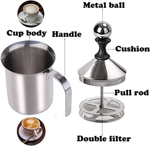 Vista 3 de Espumador manual de doble capa de acero inoxidable 304 para café con leche, etc. (14 oz)