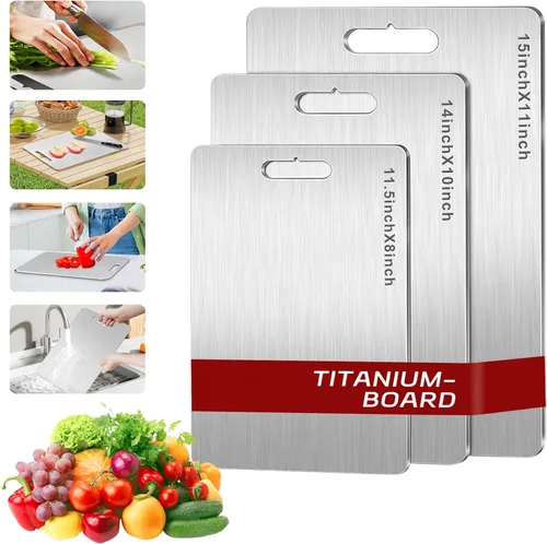 Vista 9 de Juego de 3 tablas de cortar de titanio, 3 tablas de cortar de acero inoxidable, tablas de cortar antiadherentes de doble cara de grado alimenticio