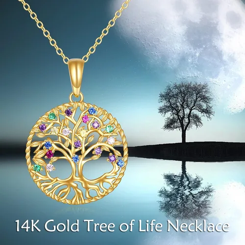 Vista 6 de KECHO Collar con colgante de árbol de la vida de oro amarillo de 14 quilates, joyería de regalo de Navidad para mujeres, niñas, madre, hija, novia
